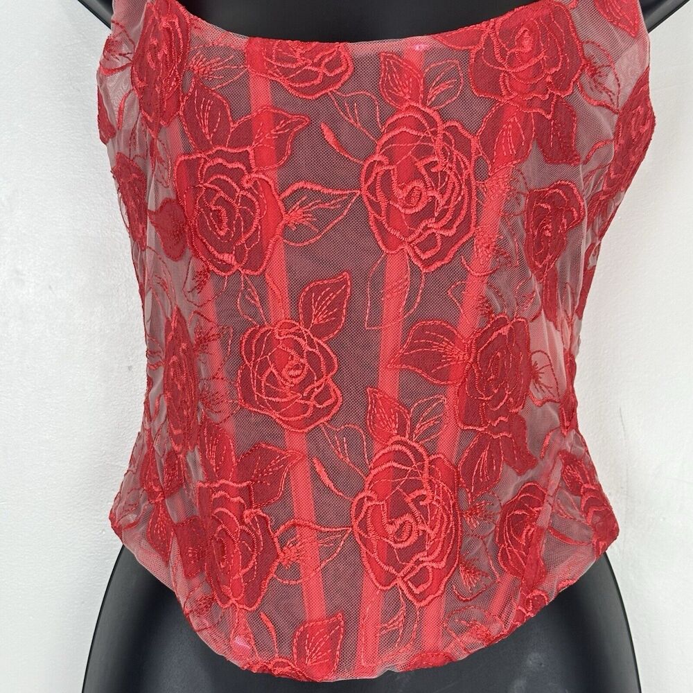 NWT For Love & Lemons Red Floral Sheer Corset Tank - Picture 9 of 15